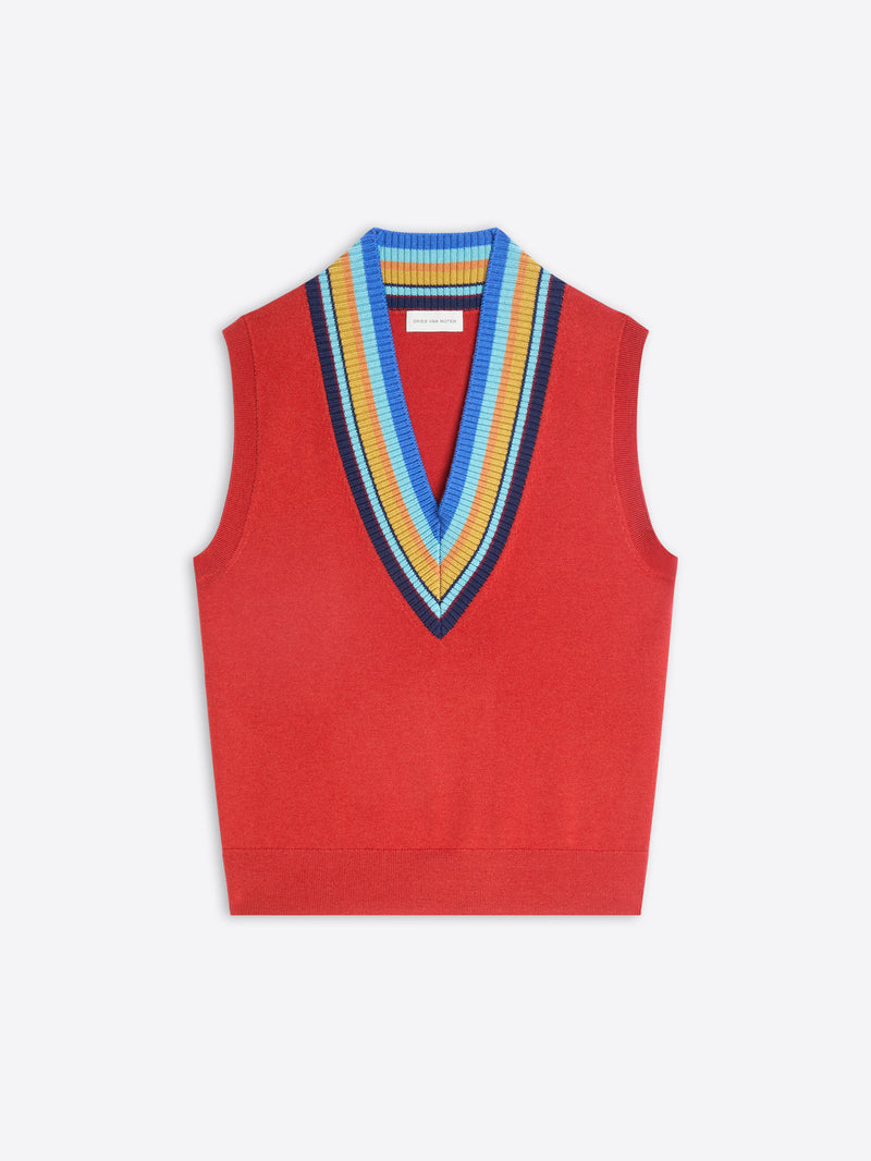 A red knit sweater vest with a V-neck collar featuring a striped pattern, displayed flat against a light gray background.
