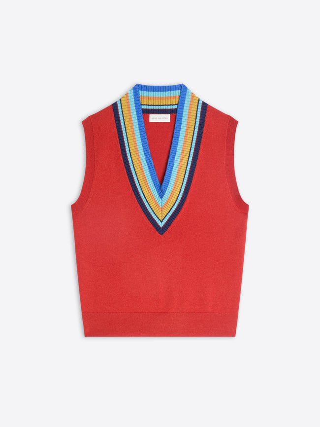 A red knit sweater vest with a V-neck collar featuring a striped pattern, displayed flat against a light gray background.