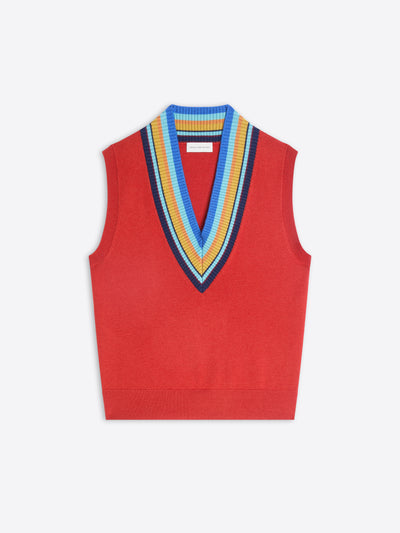 A red knit sweater vest with a V-neck collar featuring a striped pattern, displayed flat against a light gray background.