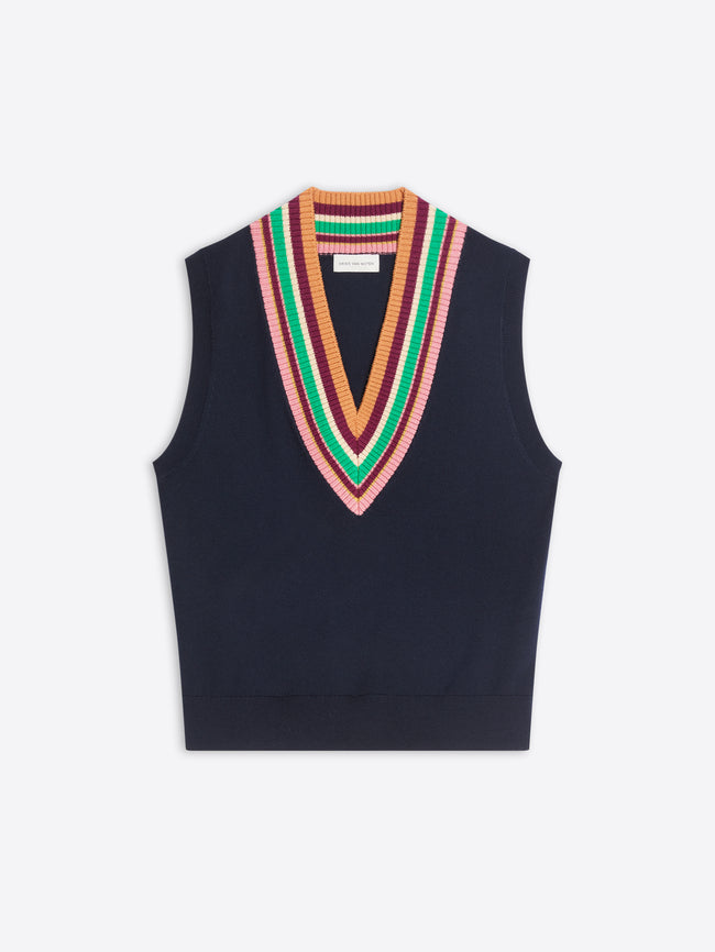 A sleeveless knit sweater vest in navy blue, featuring a colorful striped V-neck collar with stripes, shown flat against a light gray background.