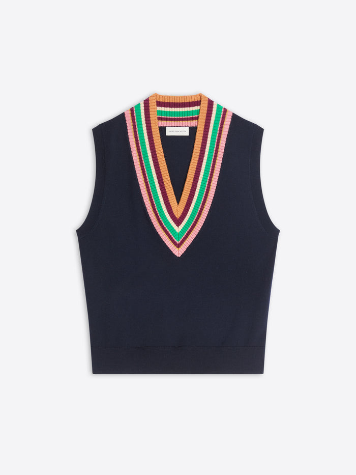 A sleeveless knit sweater vest in navy blue, featuring a colorful striped V-neck collar with stripes, shown flat against a light gray background.