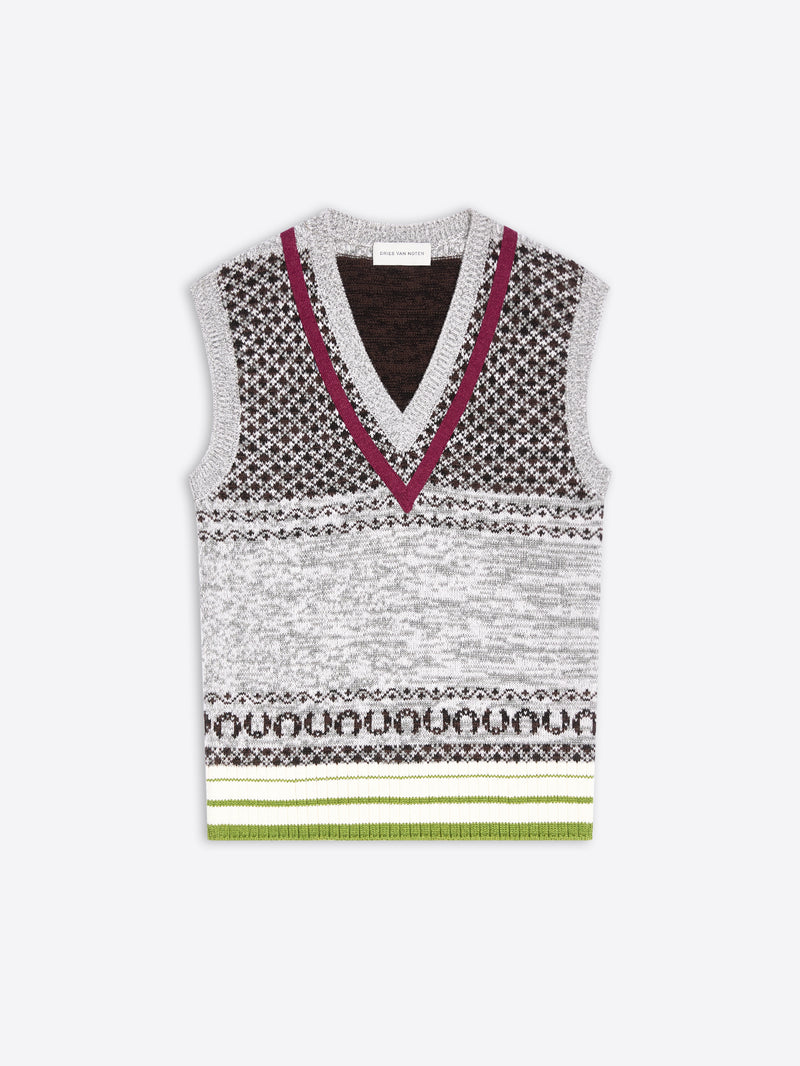 A sleeveless knit sweater vest with a V-neck, featuring a gray and black geometric pattern, a burgundy V-neck trim, and a striped hem.