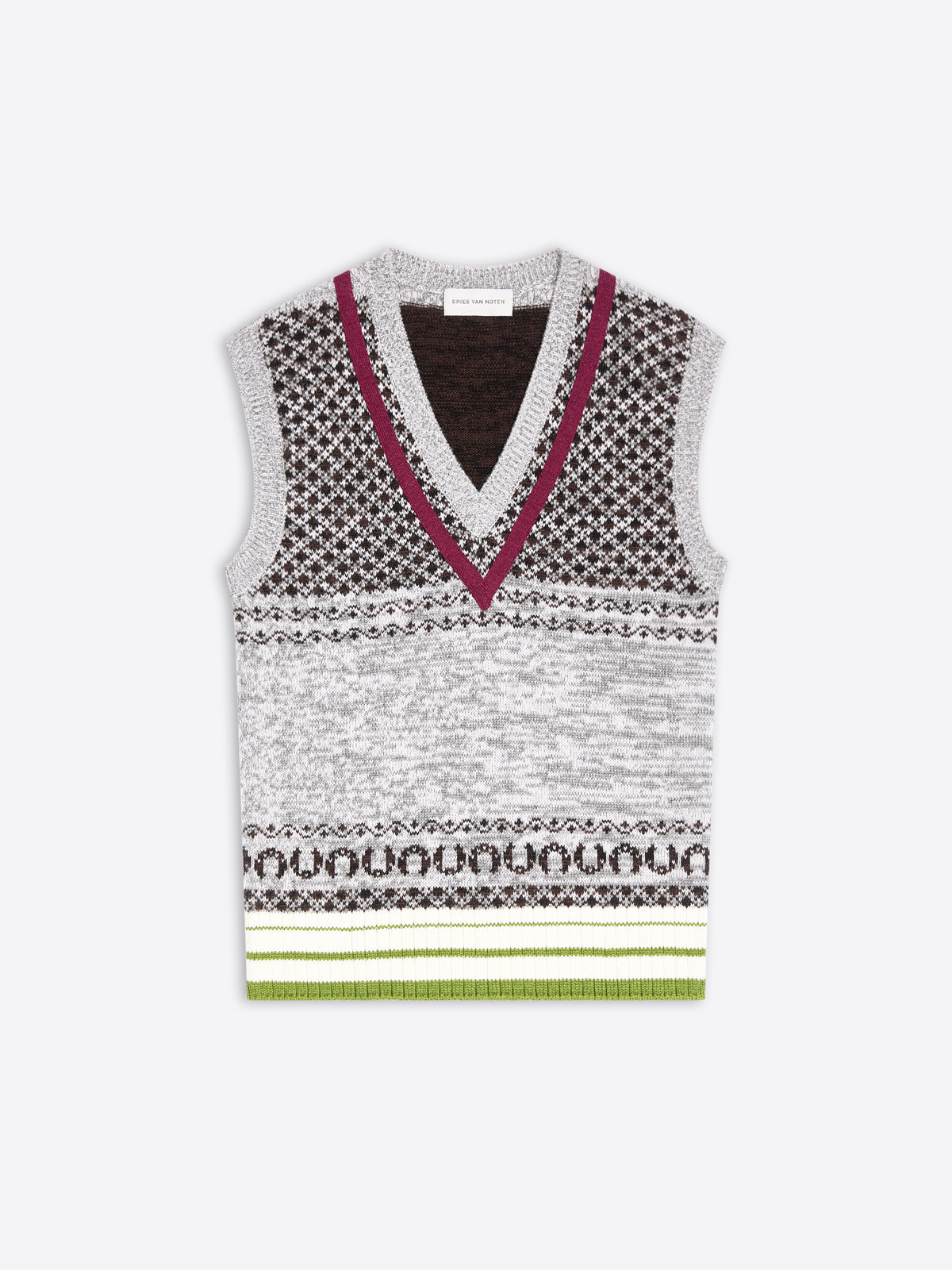 A sleeveless knit sweater vest with a V-neck, featuring a gray and black geometric pattern, a burgundy V-neck trim, and a striped hem.
