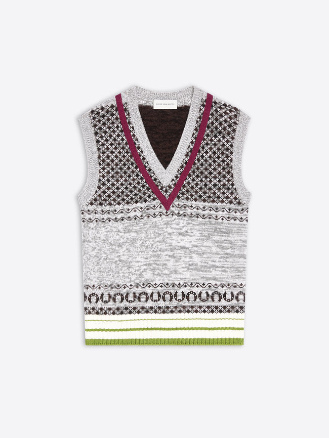 A sleeveless knit sweater vest with a V-neck, featuring a gray and black geometric pattern, a burgundy V-neck trim, and a striped hem.