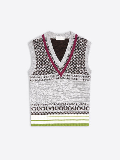 A sleeveless knit sweater vest with a V-neck, featuring a gray and black geometric pattern, a burgundy V-neck trim, and a striped hem.