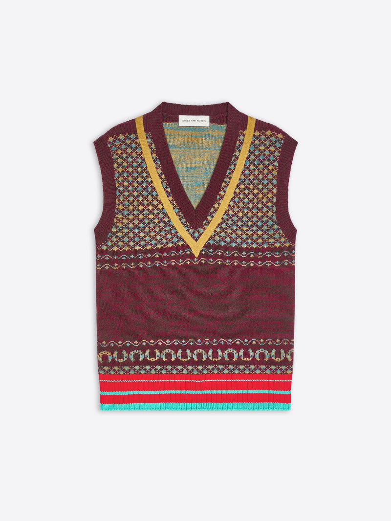 A sleeveless knit sweater vest with a V-neck, featuring a maroon base with geometric patterns and a striped border at the bottom.
