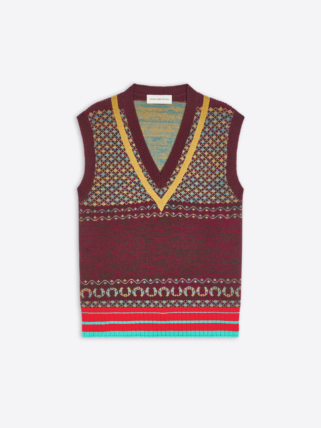 A sleeveless knit sweater vest with a V-neck, featuring a maroon base with geometric patterns and a striped border at the bottom.