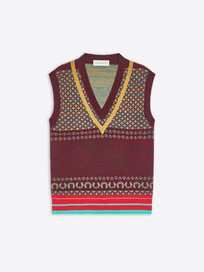 A sleeveless knit sweater vest with a V-neck, featuring a maroon base with geometric patterns and a striped border at the bottom.