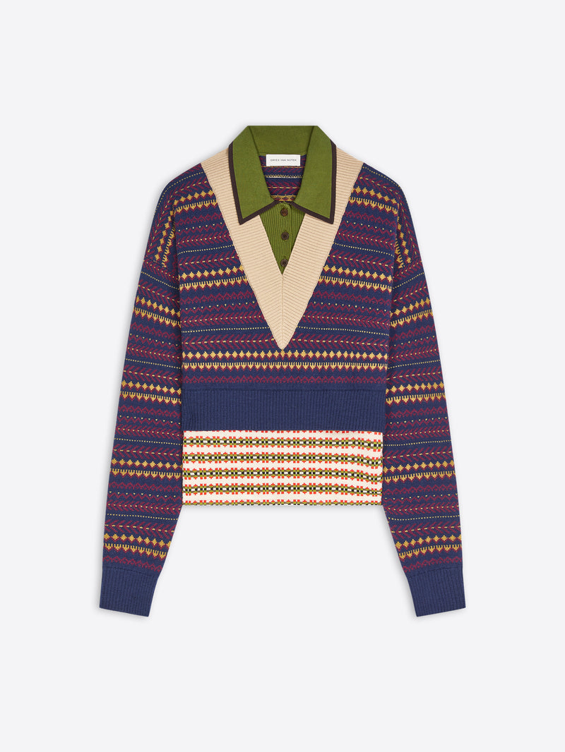 A cropped knit polo sweater featuring a navy blue base with geometric patterns, accented by a contrasting olive green collar.