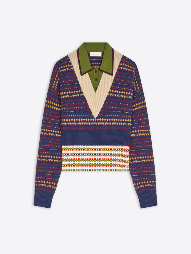 A cropped knit polo sweater featuring a navy blue base with geometric patterns, accented by a contrasting olive green collar.