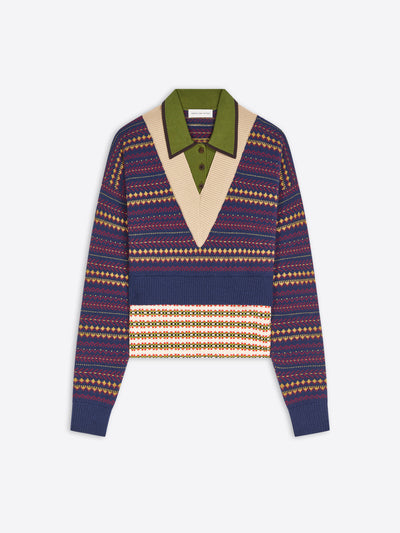 A cropped knit polo sweater featuring a navy blue base with geometric patterns, accented by a contrasting olive green collar.