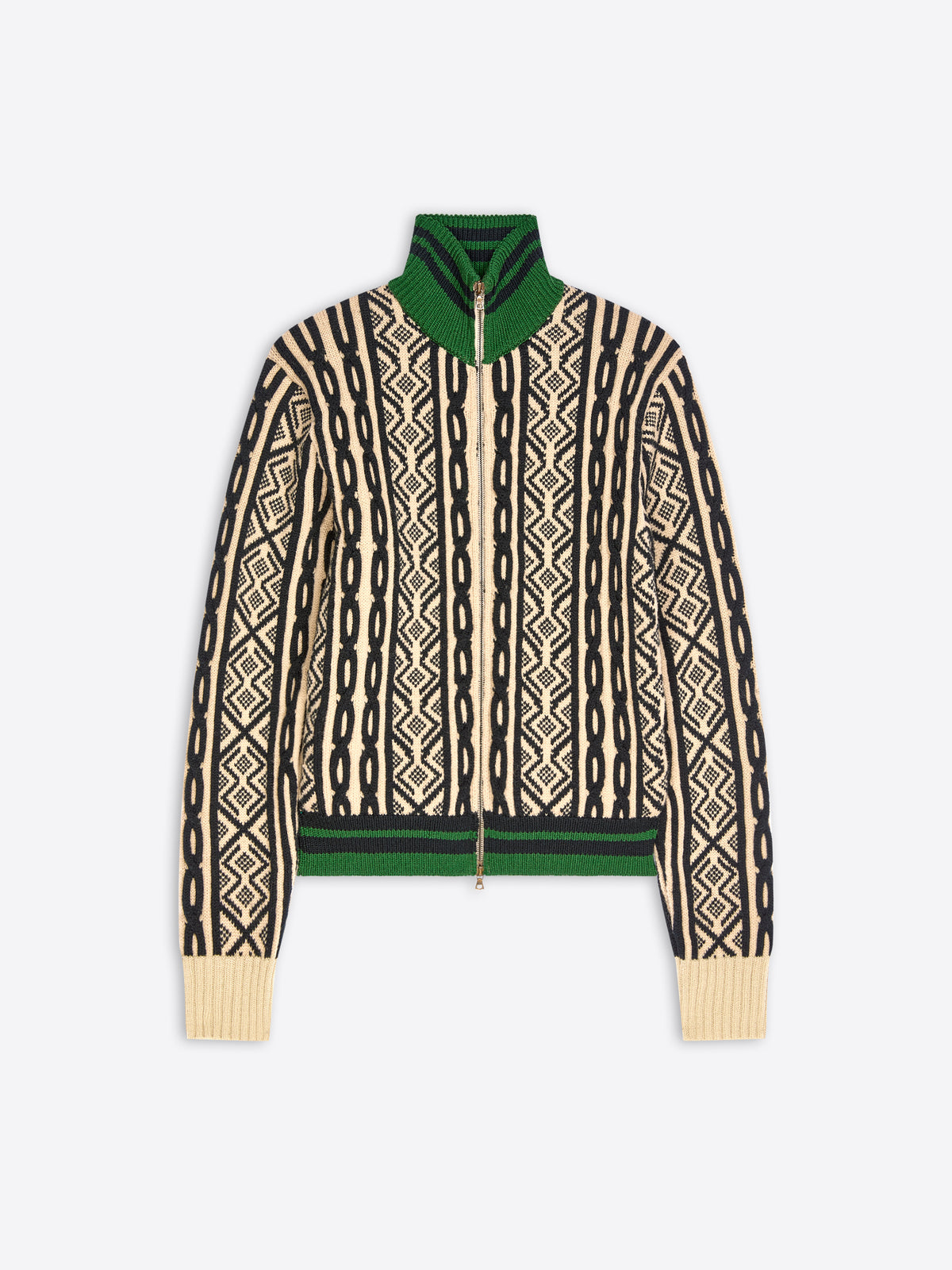 A cropped knit zip-up jacket featuring a cream and black geometric pattern, a solid green collar and hem, shown against a light gray background.