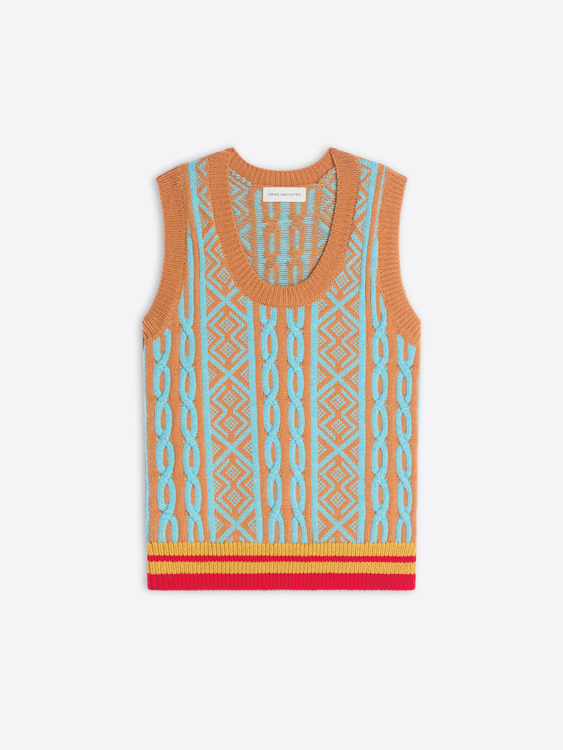 A sleeveless knit vest featuring a vibrant geometric pattern with a striped hem, displayed flat against a light gray background.