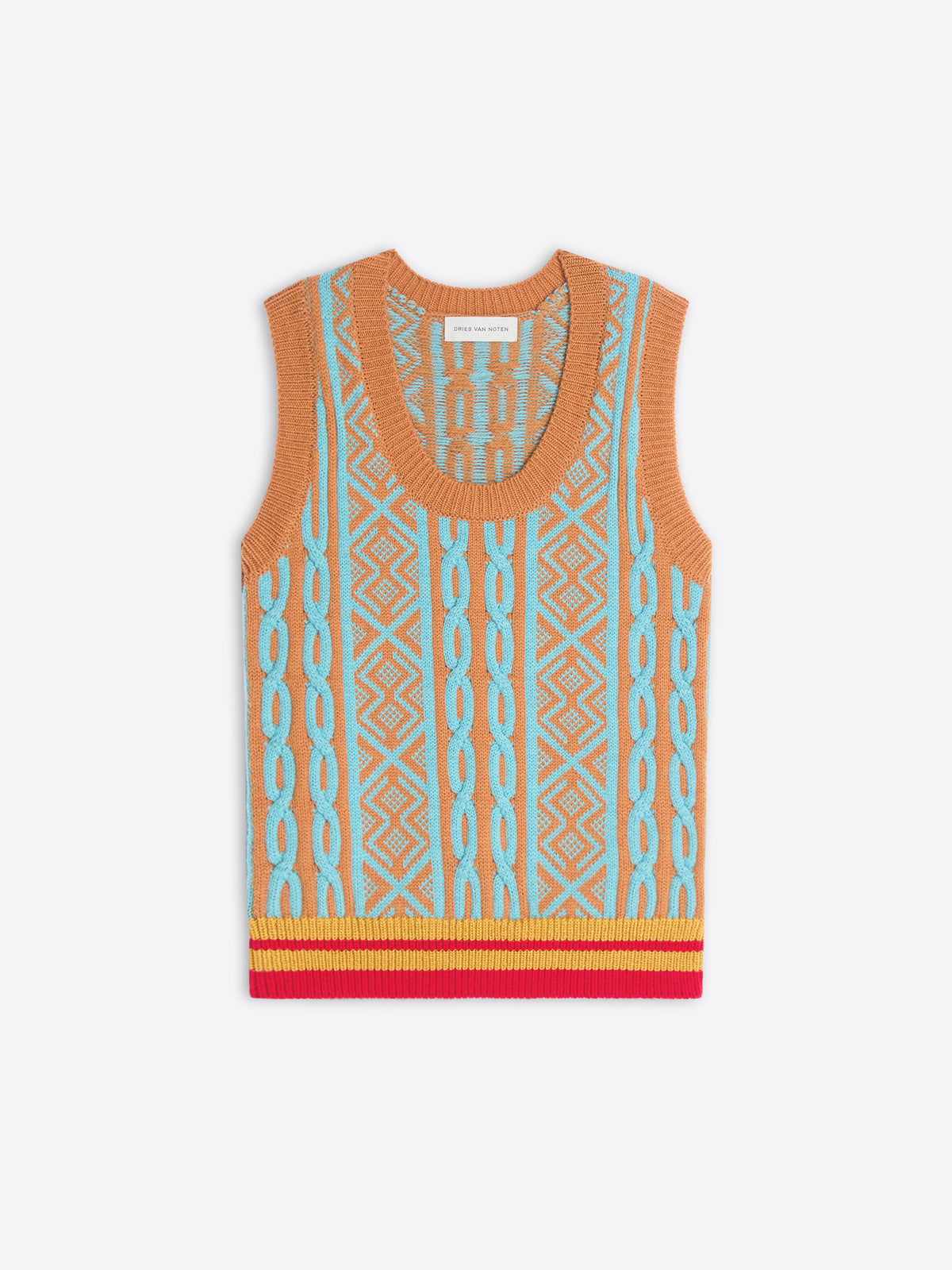 A sleeveless knit vest featuring a vibrant geometric pattern with a striped hem, displayed flat against a light gray background.