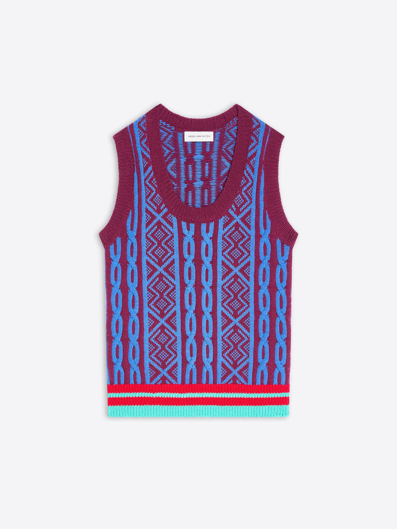 A sleeveless knit vest featuring a vibrant geometric pattern with a striped hem, displayed flat against a light gray background.