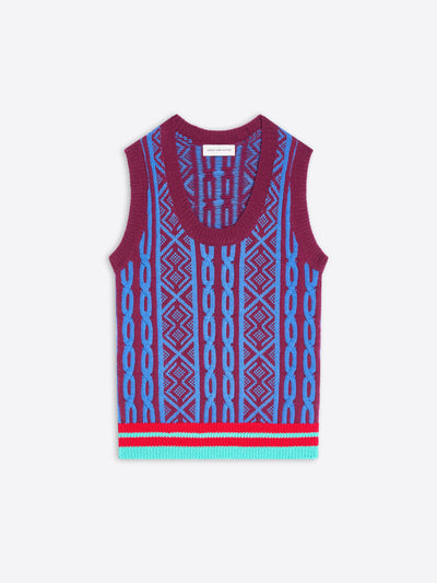 A sleeveless knit vest featuring a vibrant geometric pattern with a striped hem, displayed flat against a light gray background.