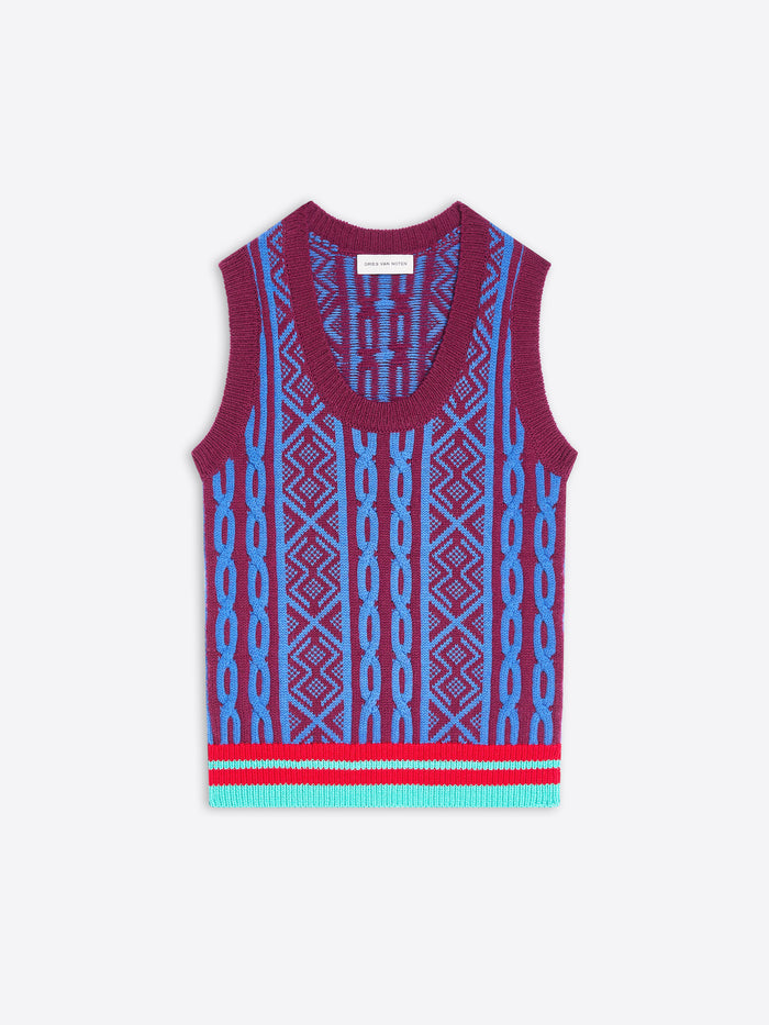 A sleeveless knit vest featuring a vibrant geometric pattern with a striped hem, displayed flat against a light gray background.