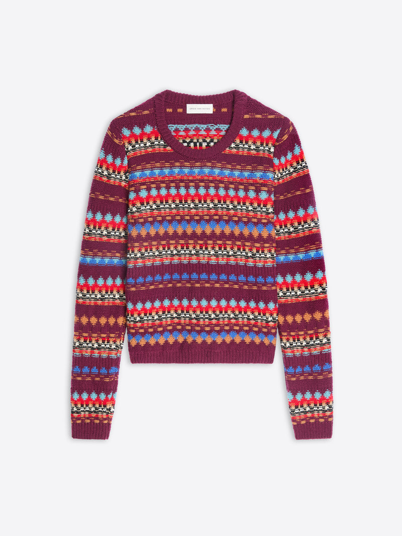 A long-sleeve knit sweater with a crew neck, featuring a burgundy base color with horizontal bands of colorful geometric patterns displayed on a light gray background.