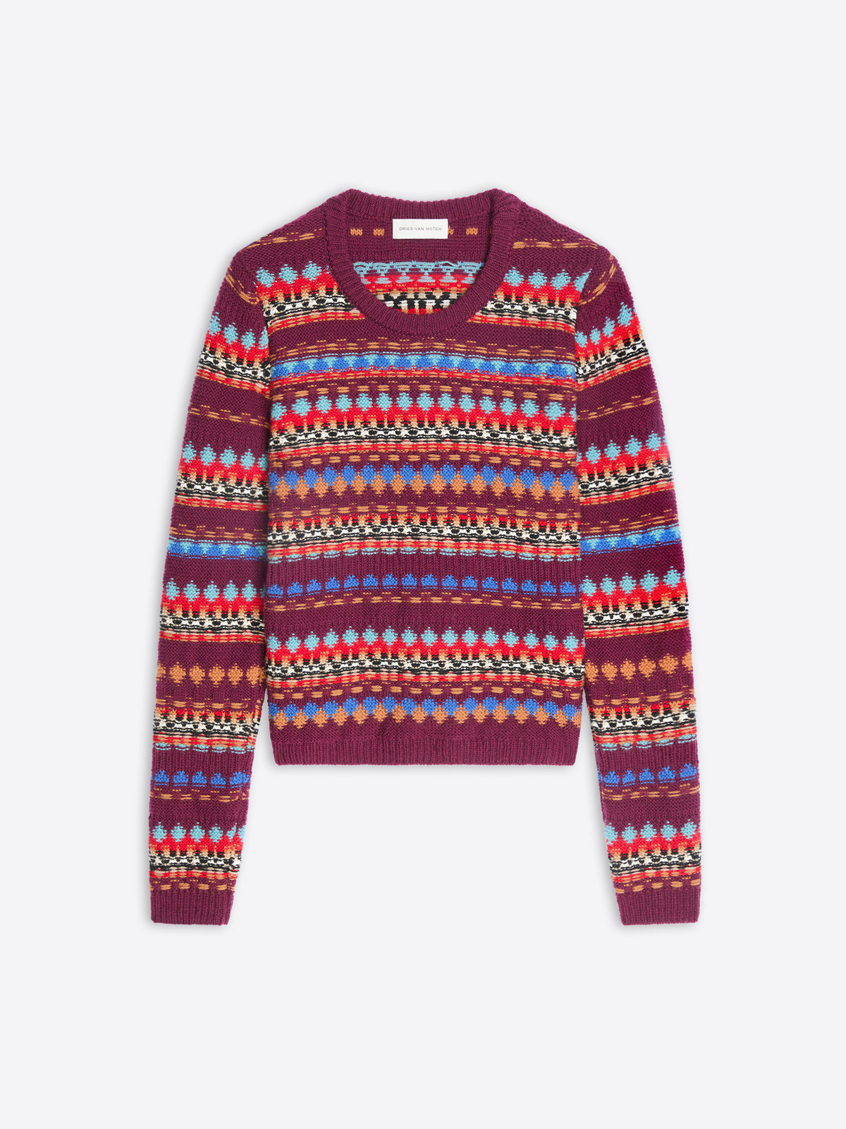 A long-sleeve knit sweater with a crew neck, featuring a burgundy base color with horizontal bands of colorful geometric patterns displayed on a light gray background.