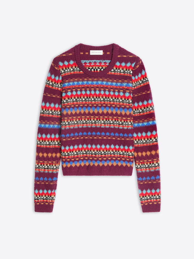A long-sleeve knit sweater with a crew neck, featuring a burgundy base color with horizontal bands of colorful geometric patterns displayed on a light gray background.