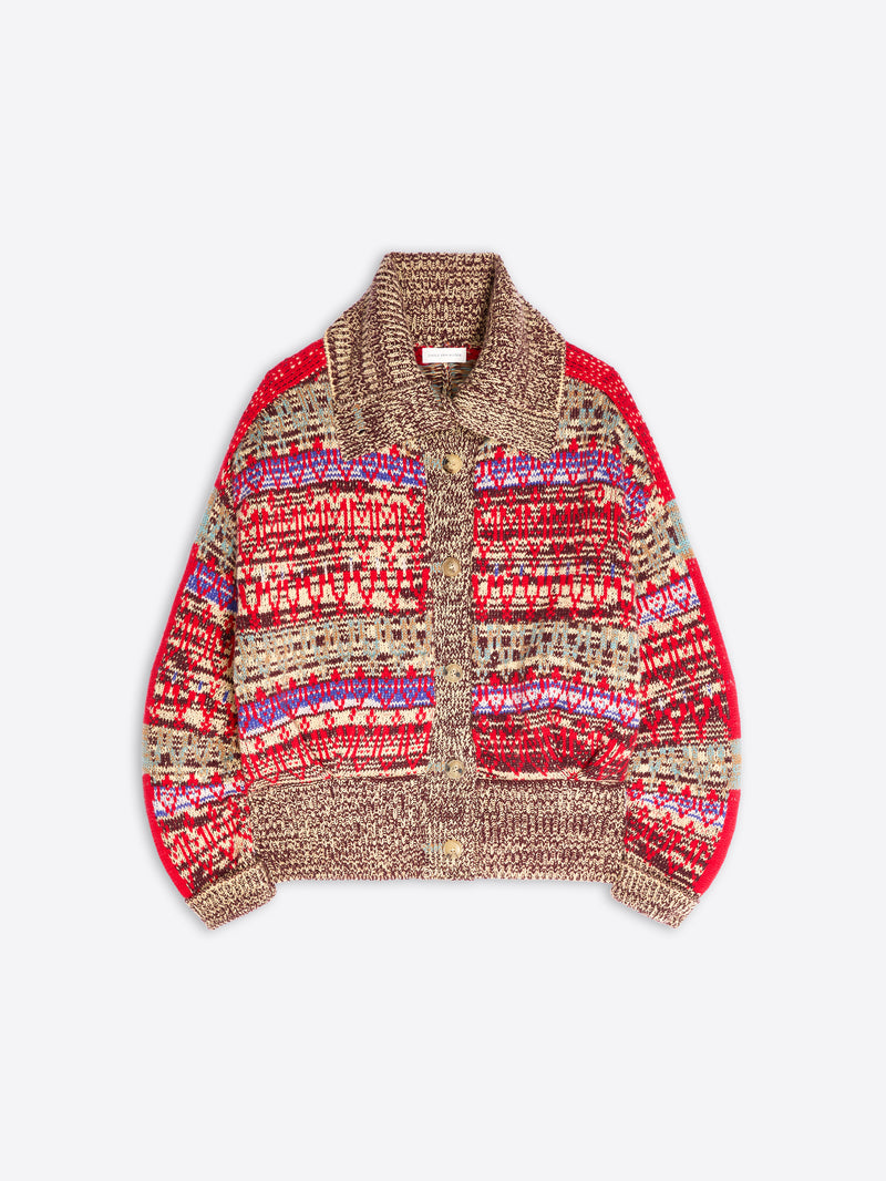 A multicolor knit cardigan sweater with a textured pattern, featuring a brown knit collar and button-front closure, shown against a light gray background.