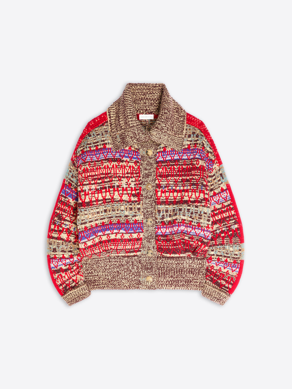 A multicolor knit cardigan sweater with a textured pattern, featuring a brown knit collar and button-front closure, shown against a light gray background.