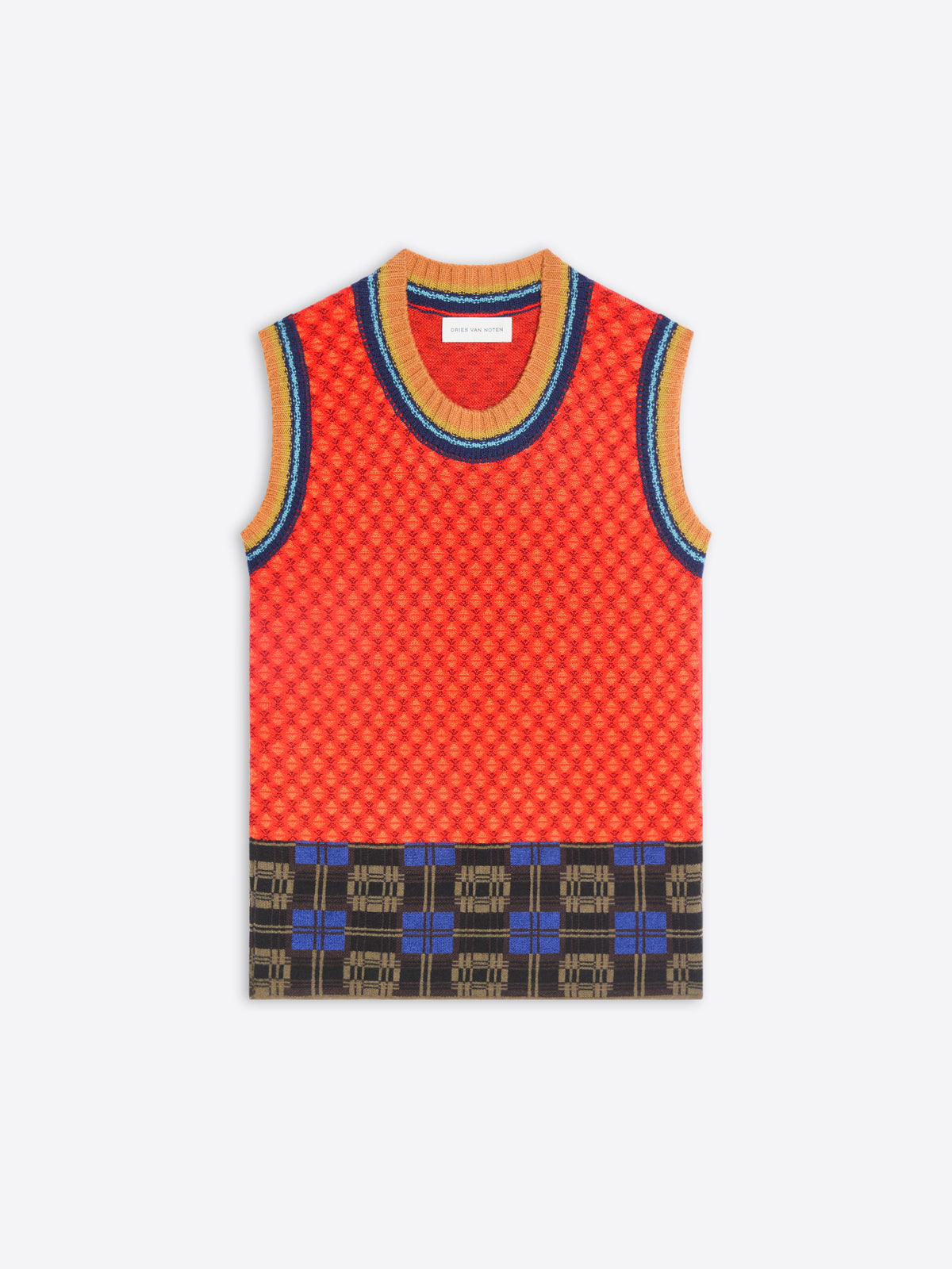 A sleeveless knit top with a bright red-orange body, featuring a small repeating geometric pattern, a multicolor striped crew neck, and a contrasting patterned band at the hem.