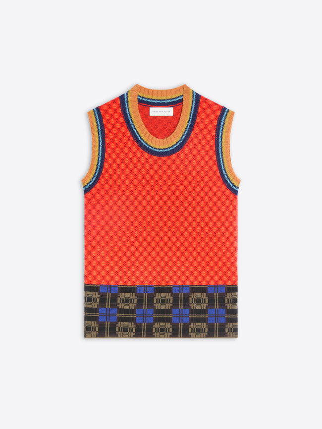 A sleeveless knit top with a bright red-orange body, featuring a small repeating geometric pattern, a multicolor striped crew neck, and a contrasting patterned band at the hem.