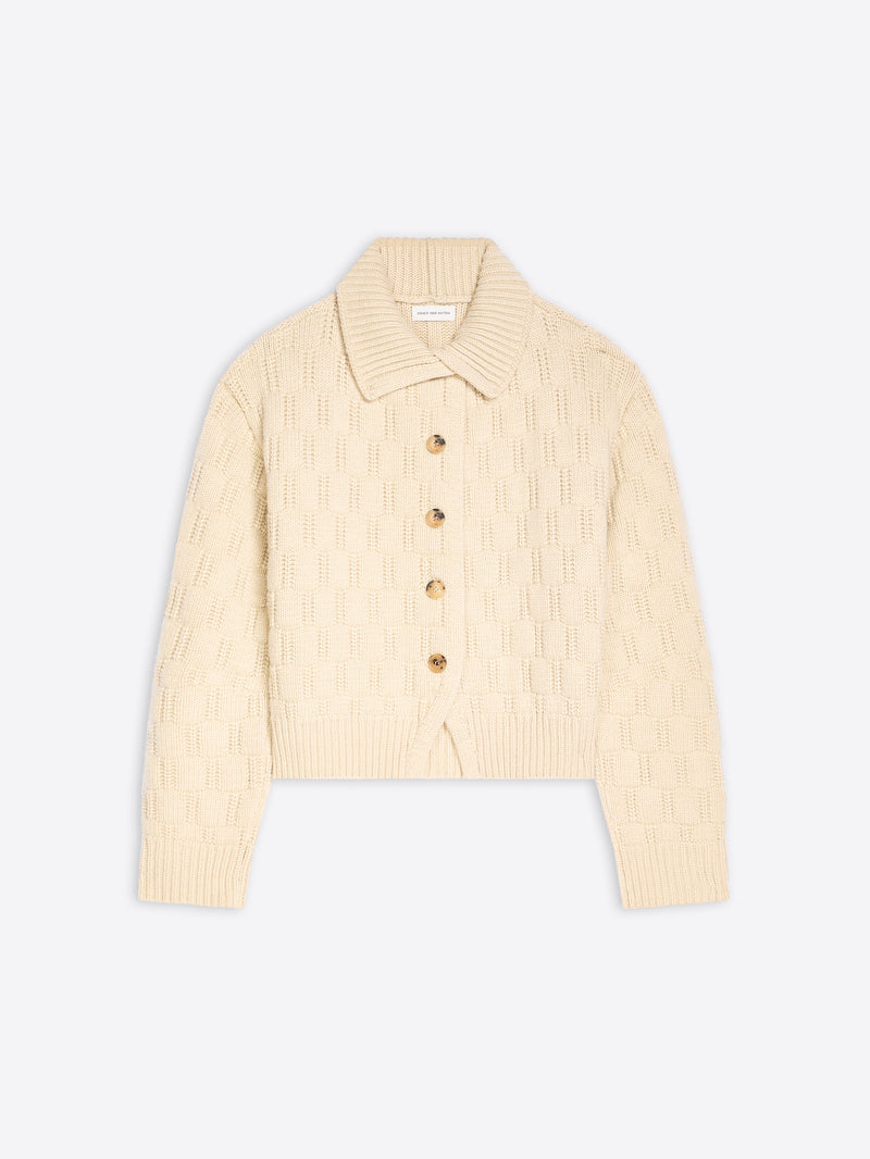 A cream-colored textured knit cardigan sweater with a collar and four buttons, displayed flat against a light gray background.