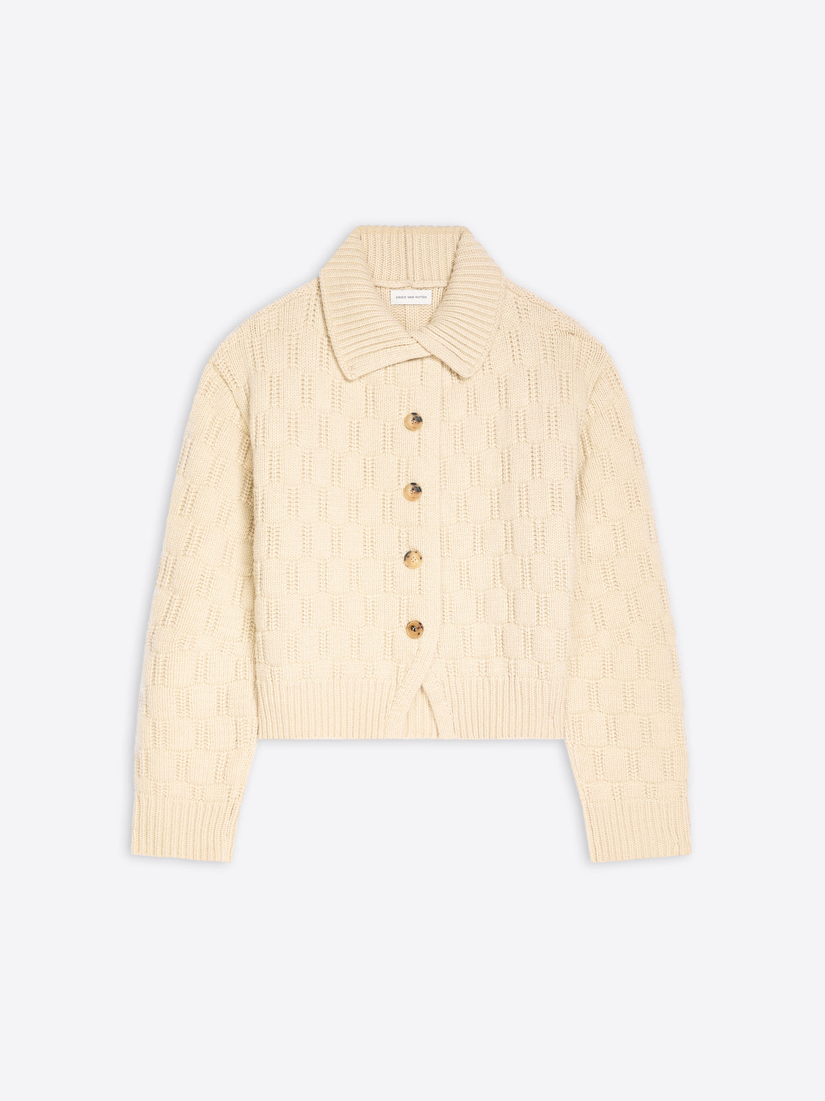 A cream-colored textured knit cardigan sweater with a collar and four buttons, displayed flat against a light gray background.