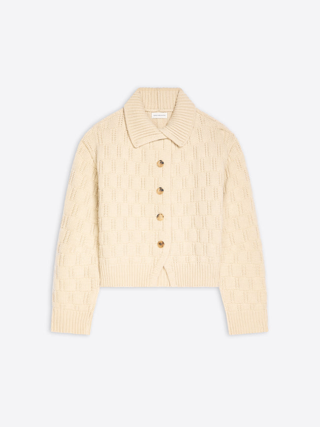 A cream-colored textured knit cardigan sweater with a collar and four buttons, displayed flat against a light gray background.