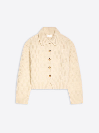 A cream-colored textured knit cardigan sweater with a collar and four buttons, displayed flat against a light gray background.