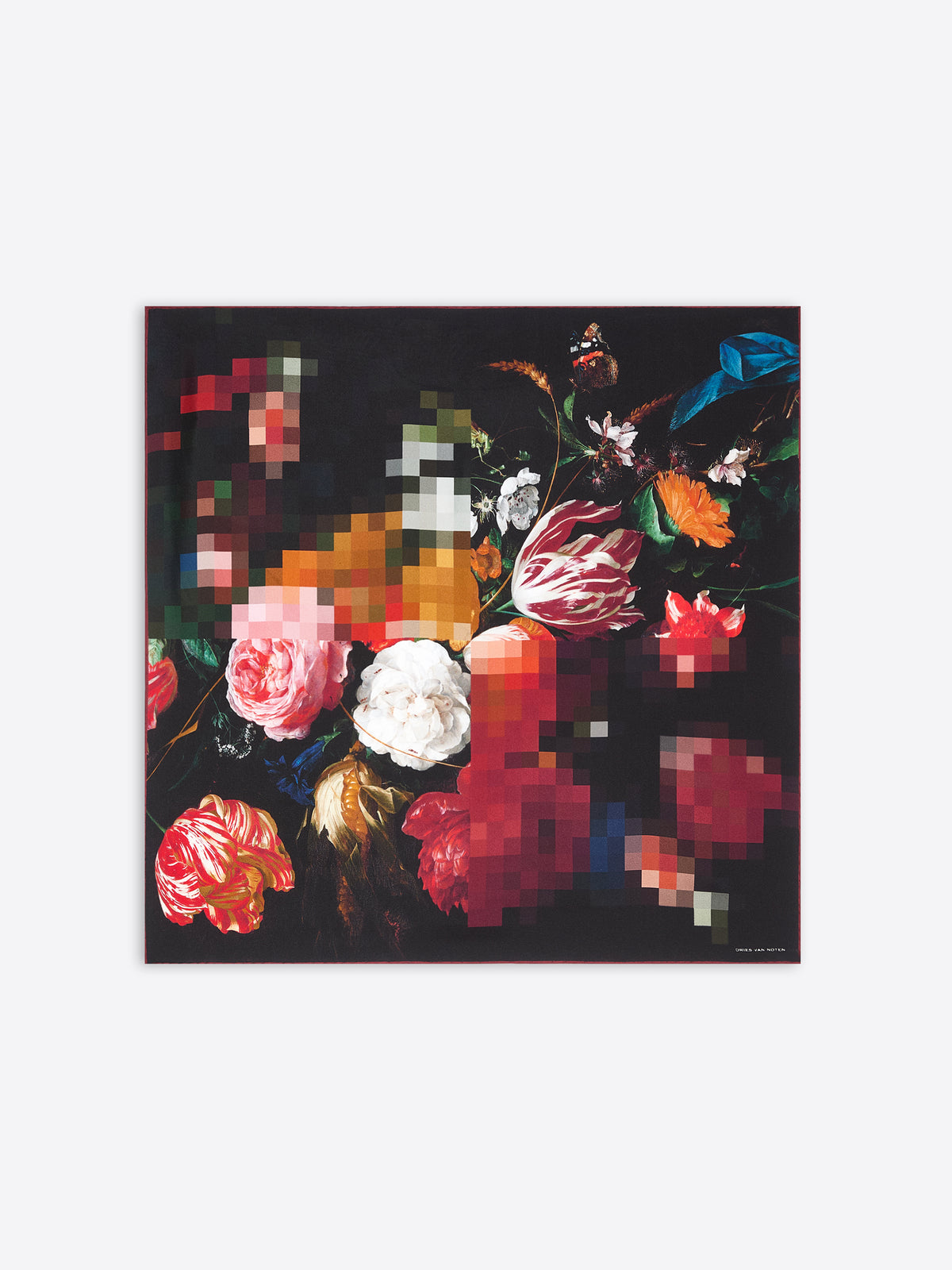 A square floral scarf with an art print featuring a dark, pixelated and blurred style with flowers on a black background, shown against a light gray background.