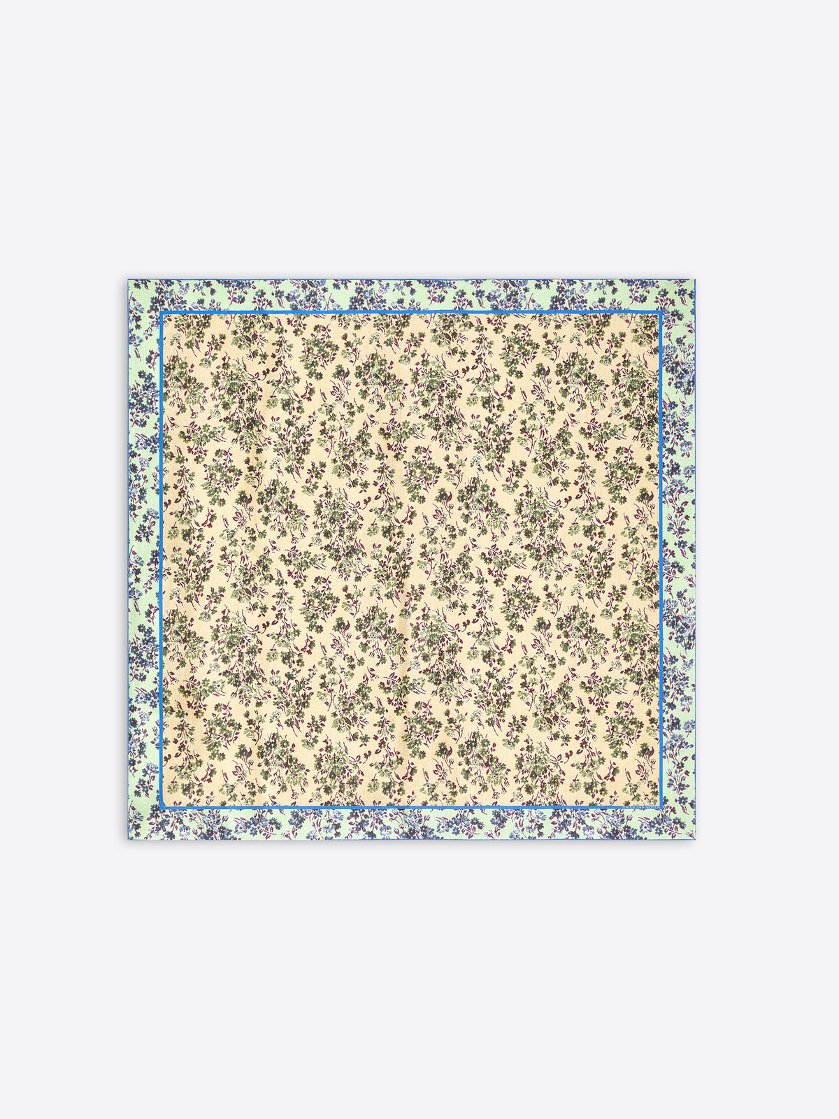 A square scarf with a dense floral print, featuring a cream center and a wider outer border in muted green and blue tones, shown flat against a light gray background.