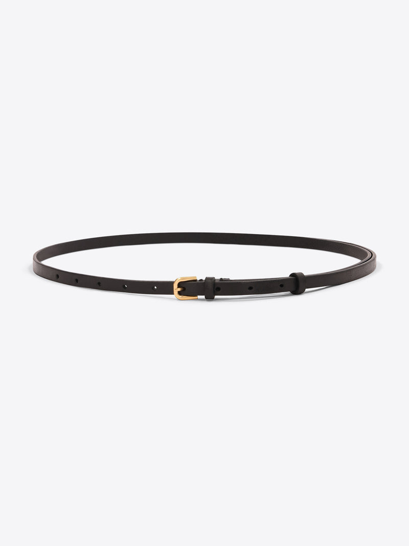 Slim dark brown leather belt with a small gold-toned buckle on a light gray background.