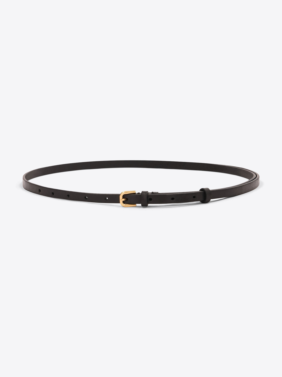 Slim dark brown leather belt with a small gold-toned buckle on a light gray background.