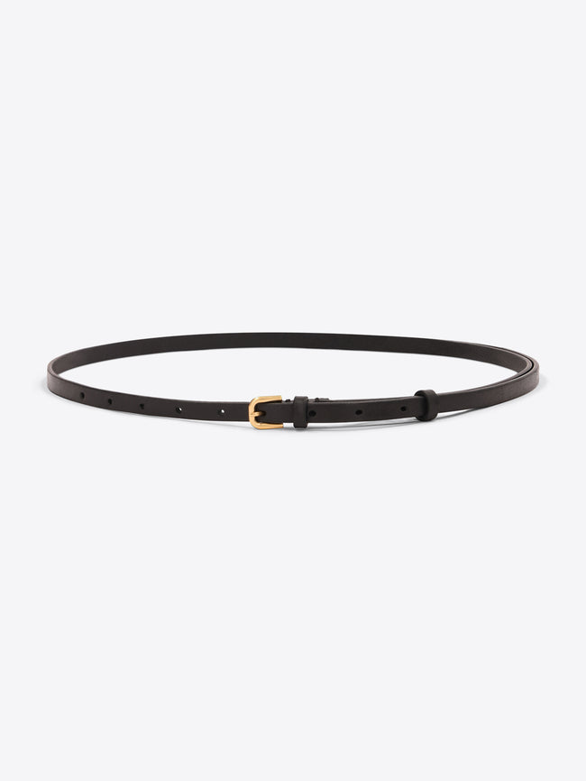 Slim dark brown leather belt with a small gold-toned buckle on a light gray background.