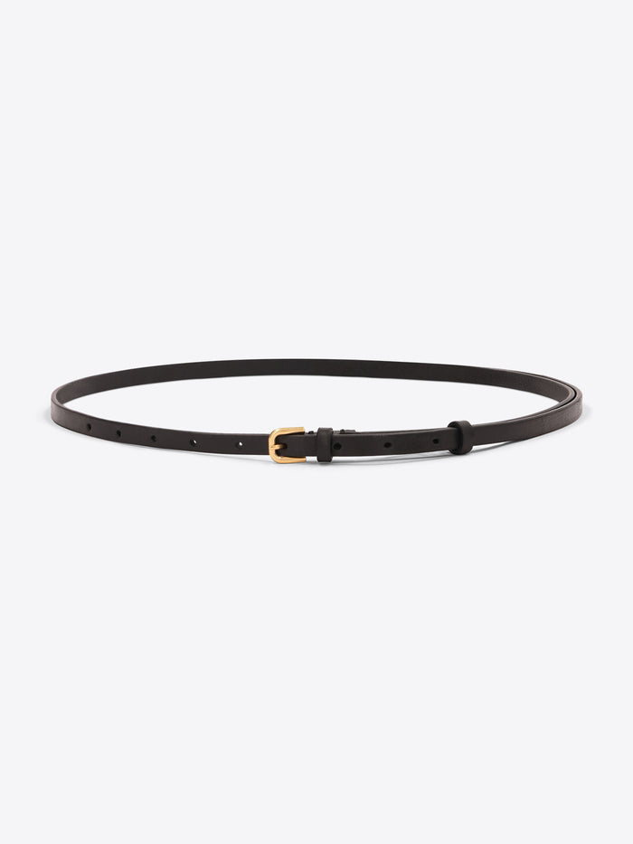 Slim dark brown leather belt with a small gold-toned buckle on a light gray background.