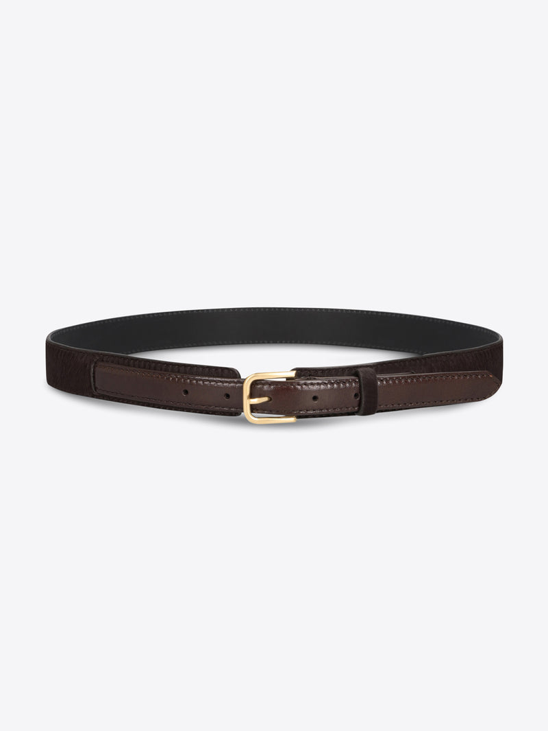 Dark brown textured belt with smooth leather trim and a gold-toned buckle on a light gray background.
