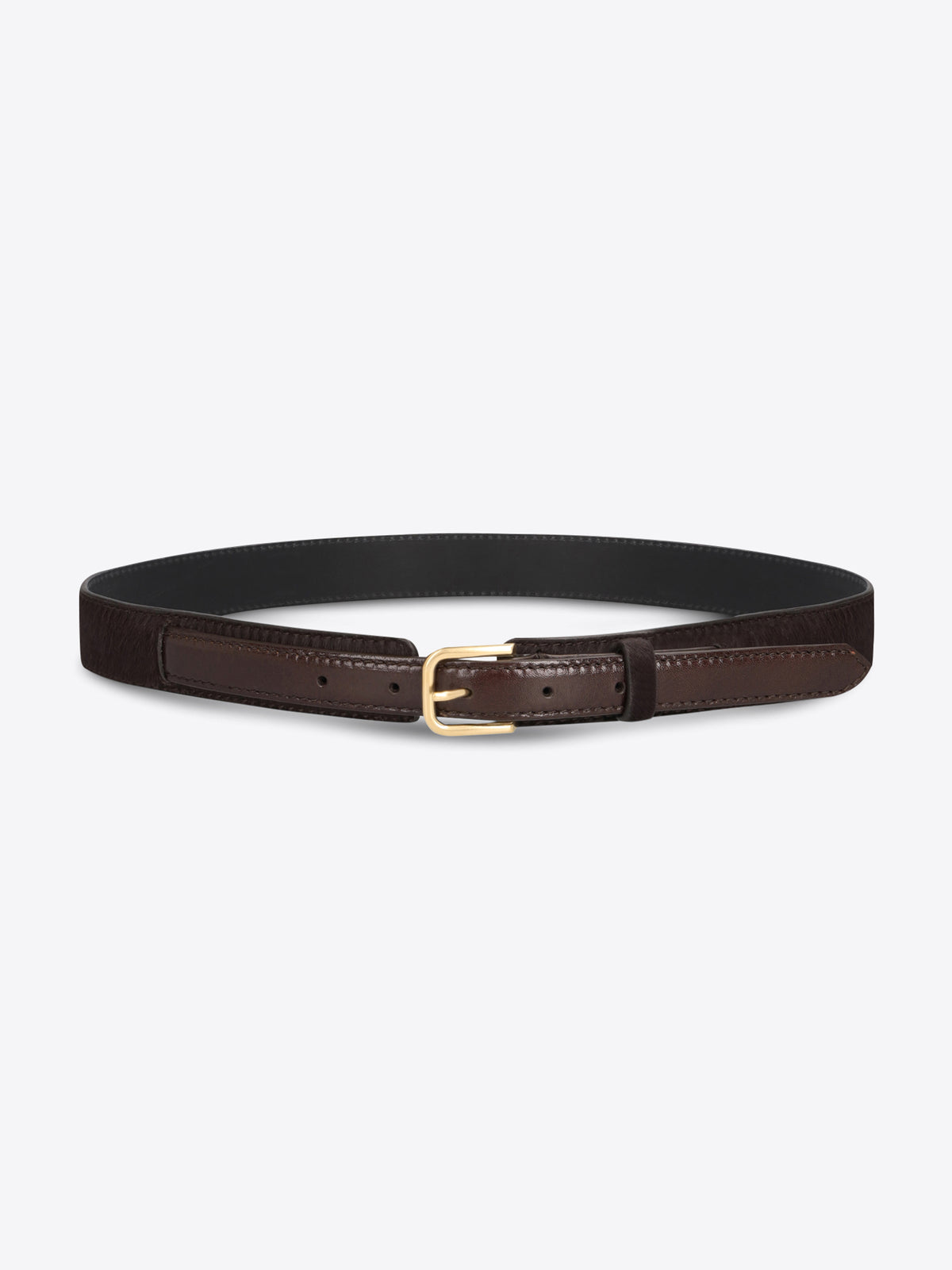 Dark brown textured belt with smooth leather trim and a gold-toned buckle on a light gray background.
