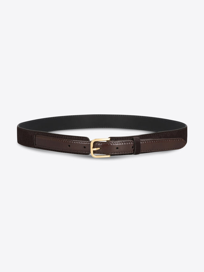 Dark brown textured belt with smooth leather trim and a gold-toned buckle on a light gray background.