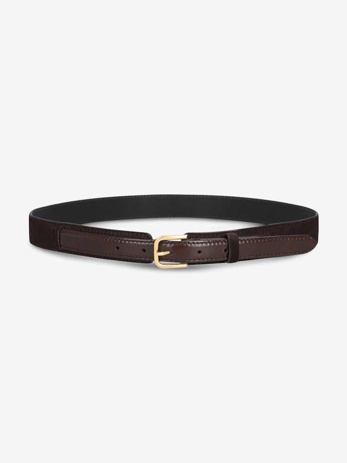Dark brown textured belt with smooth leather trim and a gold-toned buckle on a light gray background.