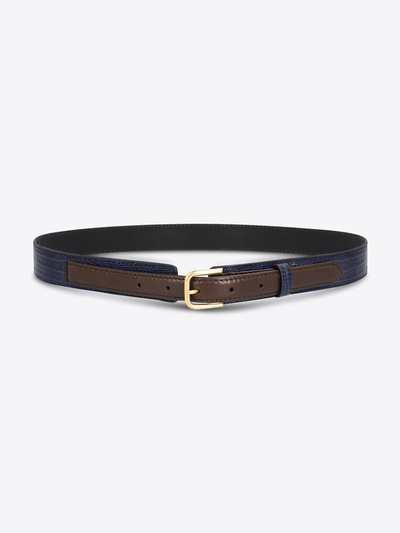 Dark blue textured belt with brown leather trim and a gold-toned buckle on a light gray background.