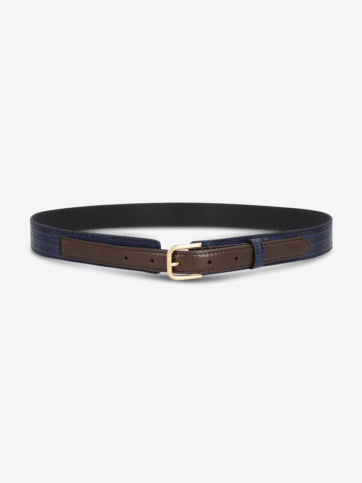 Dark blue textured belt with brown leather trim and a gold-toned buckle on a light gray background.