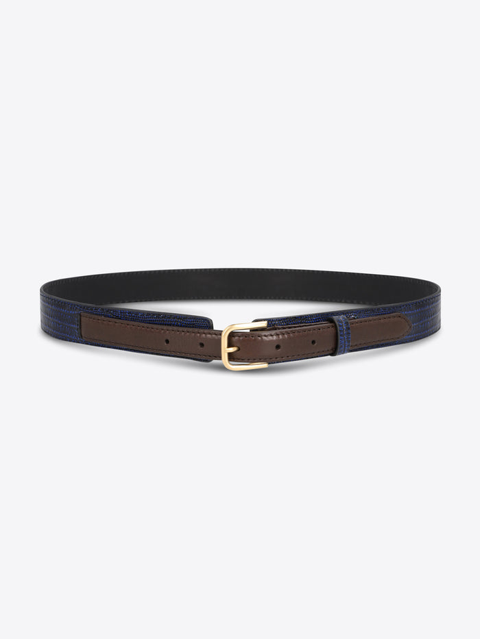 Dark blue textured belt with brown leather trim and a gold-toned buckle on a light gray background.