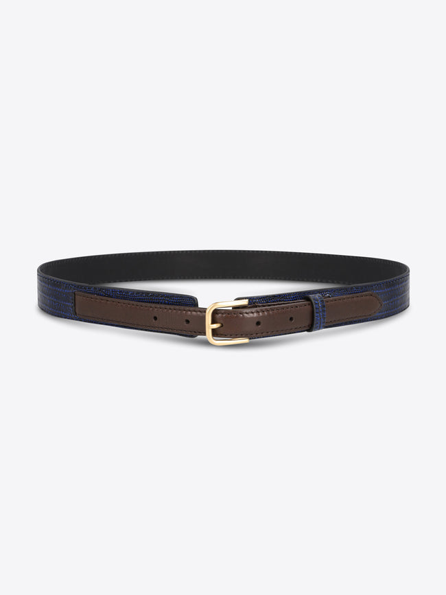 Dark blue textured belt with brown leather trim and a gold-toned buckle on a light gray background.