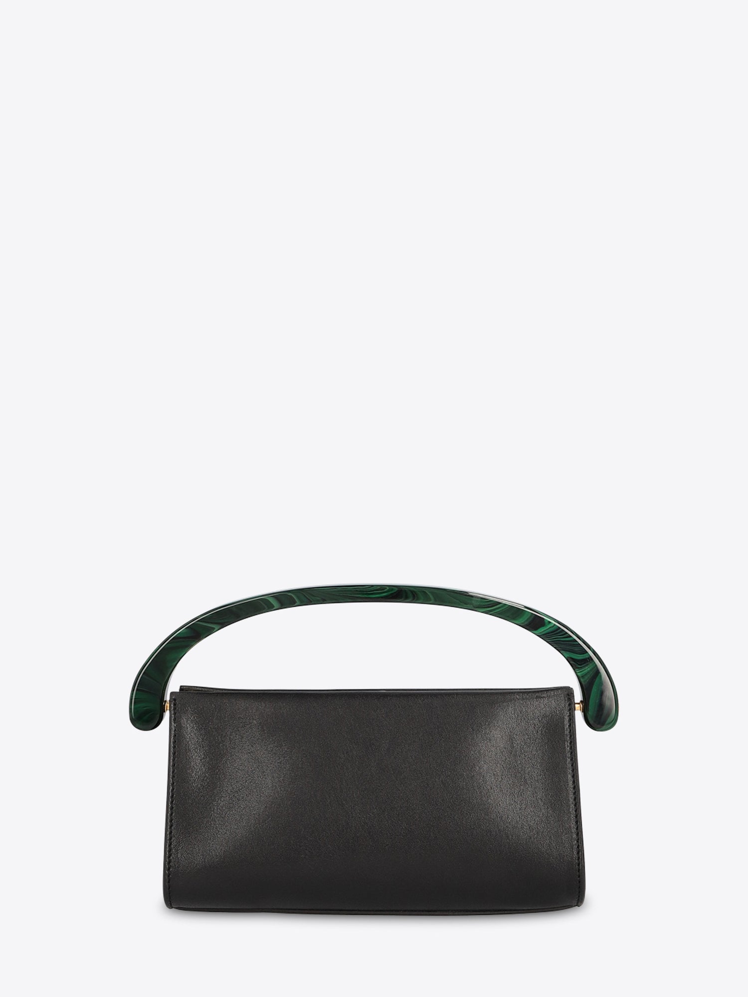 Small rectangular black leather handbag with a curved dark green marbled handle on a light gray background.