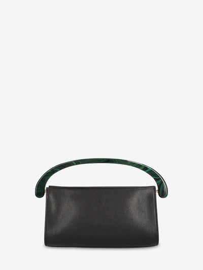 Small rectangular black leather handbag with a curved dark green marbled handle on a light gray background.