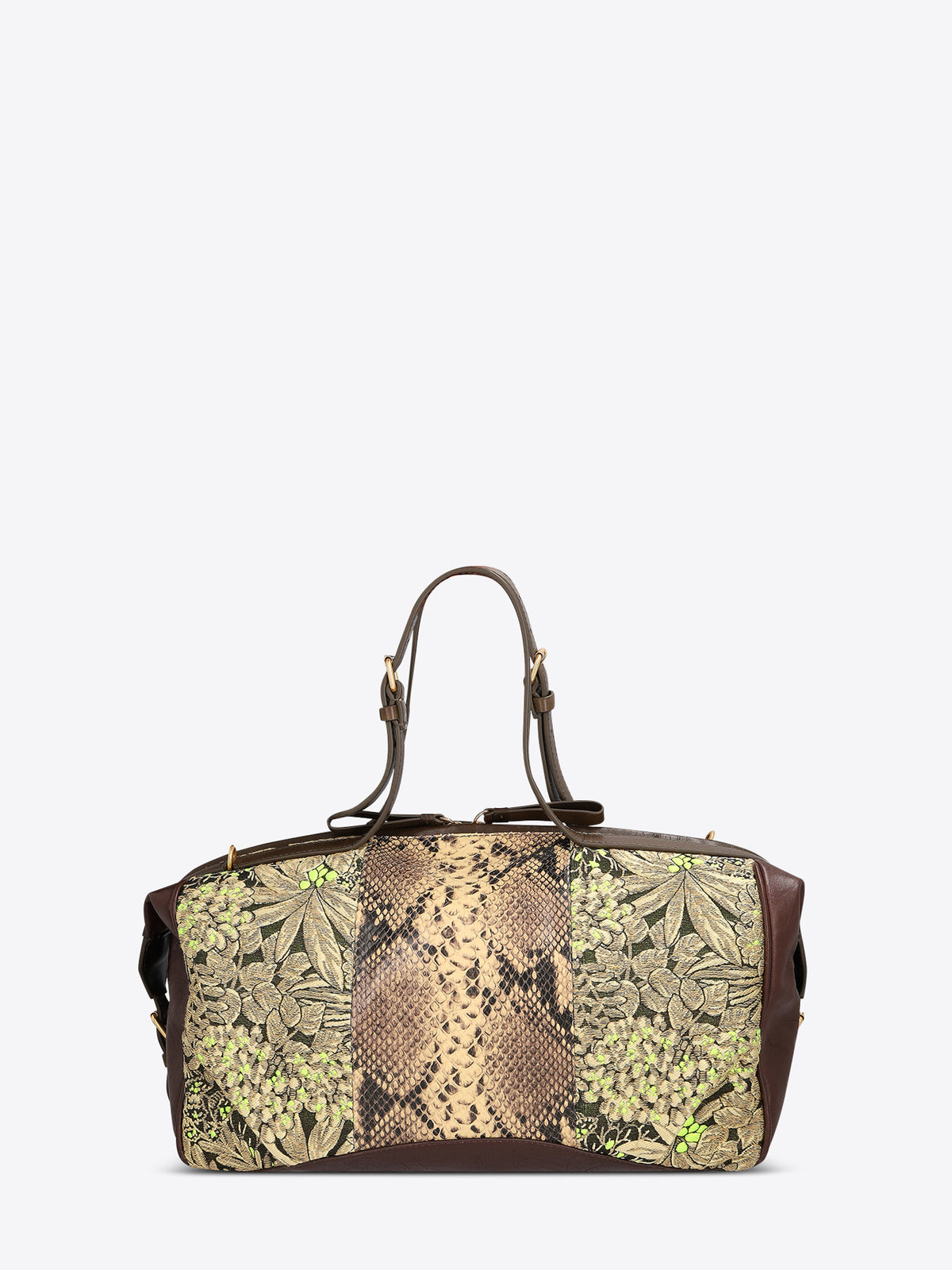 Structured duffle bag with dark brown leather trim, a tan snakeskin-effect center panel, and black-and-gold floral jacquard sides with green accents on a light gray background.
