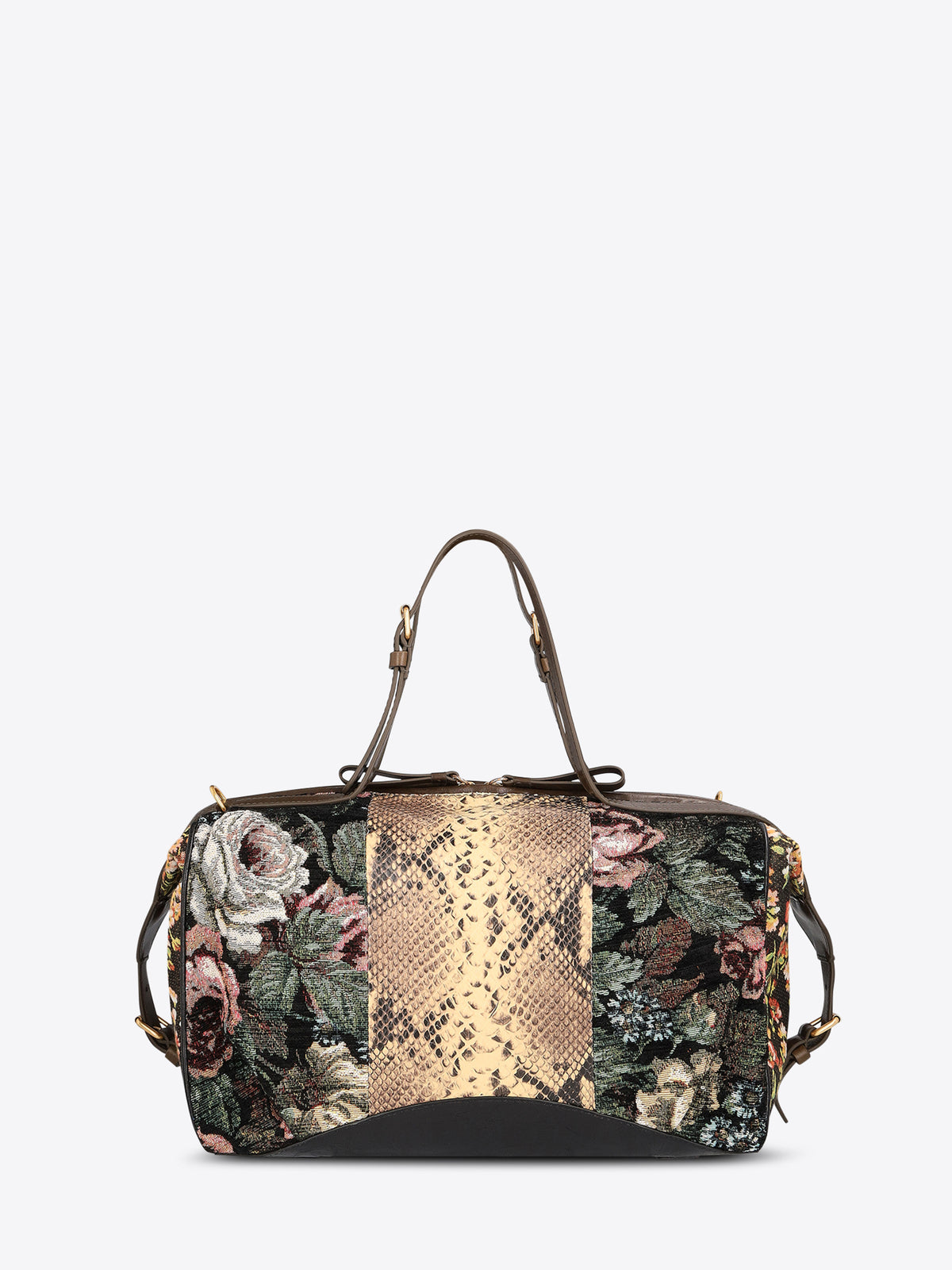 Structured floral jacquard duffle bag with a tan snakeskin-effect center panel, dark brown leather trim, and top handles on a light gray background.